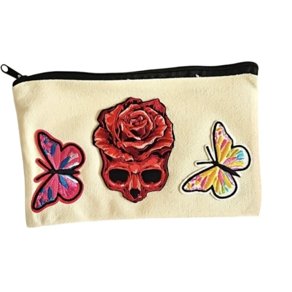 Hand Crafted embroidered bag red skull multicolored butterflies red rose rustic